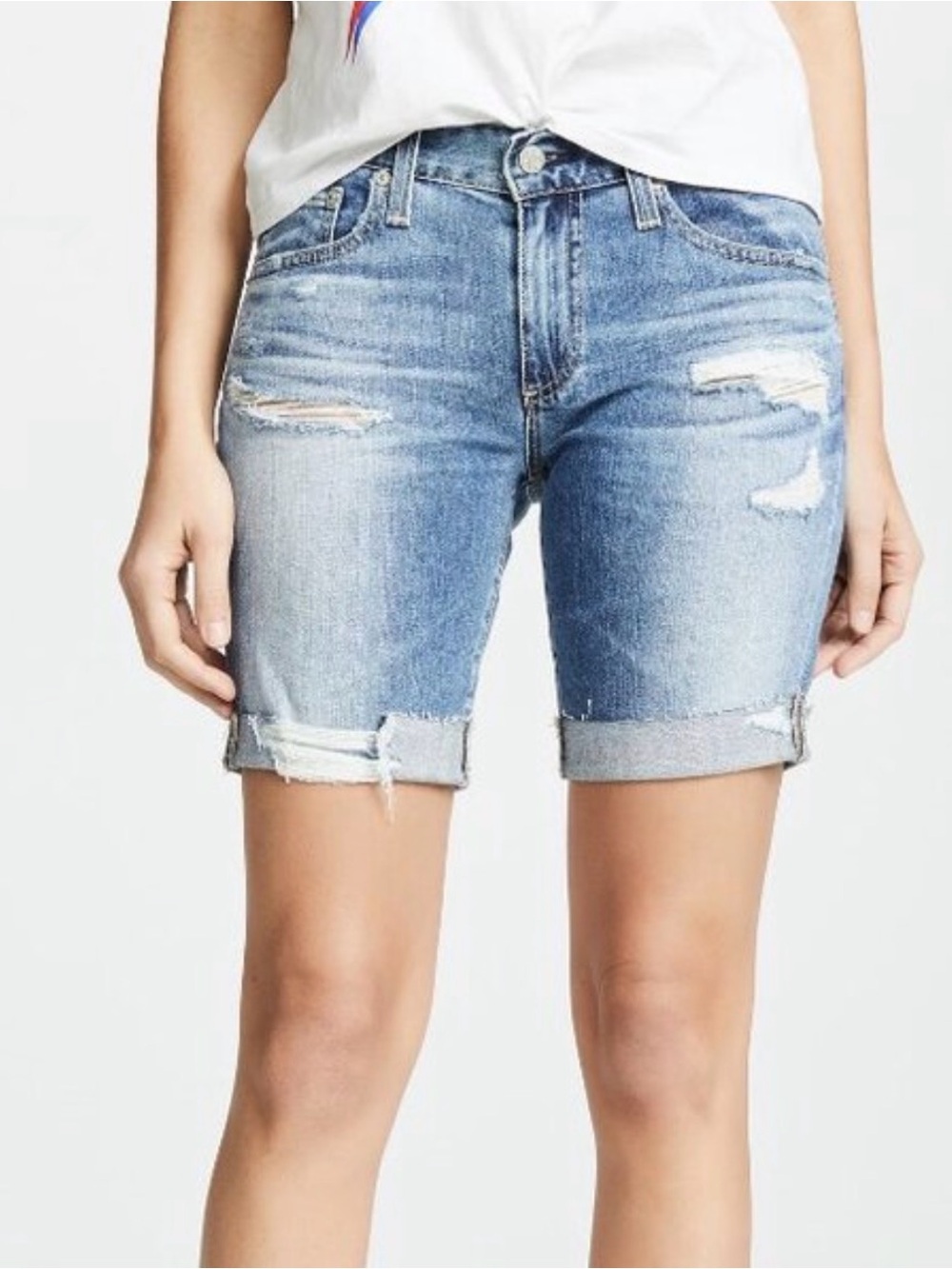AG Adriano Goldschmied Light Blue Distressed Bermuda Shorts